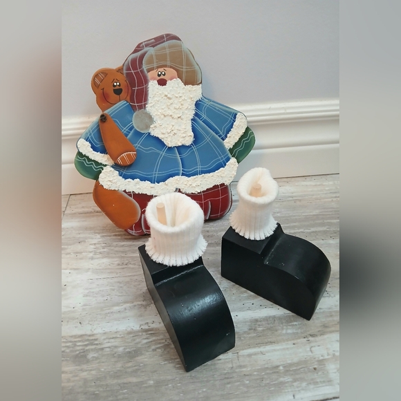 Vintage hand painted wood folk art Santa & Teddy textured beard Christmas decor - Picture 6 of 8